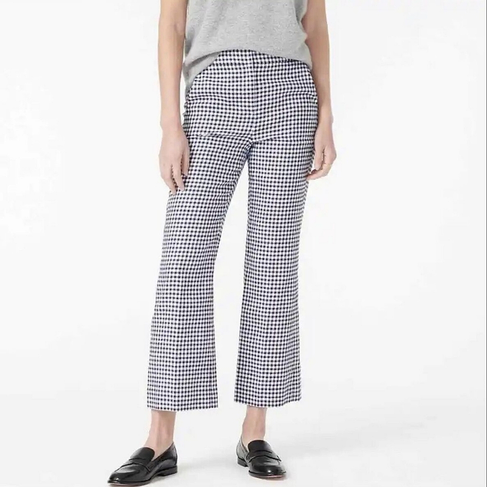 New! J.Crew Sz 12 Navy Blue Gingham Linen Hayden Kickout Crop Lined Pants Nwt